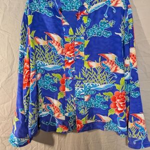Chico's Design Vintage Silk Blouse with Blue and Red Floral Design